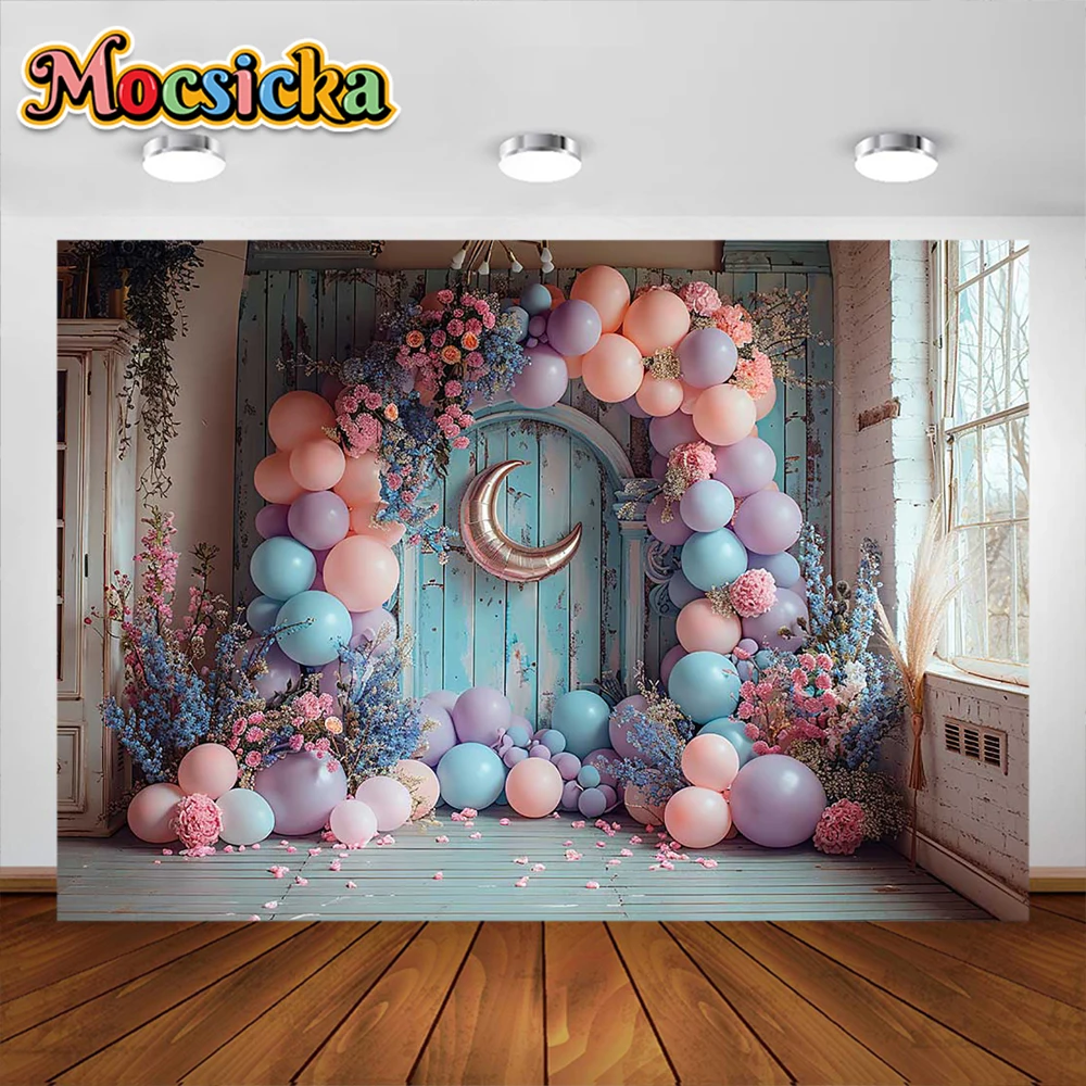 Mocsicka Cake Smash Backdrops Lilac Moon Balloons Arch Girl Birthday Party Decor Portrait Photography Background Photo Studio