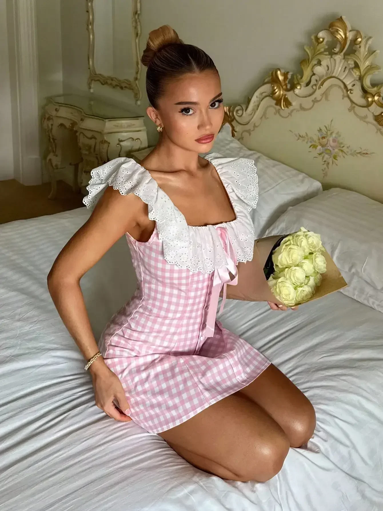 

Glamine Charm Glamine Women's Elegant Pink Plaid Ruffle Trim Square Neck A-Line Mini Dress, Summer Women Short Dresses Summer Cu