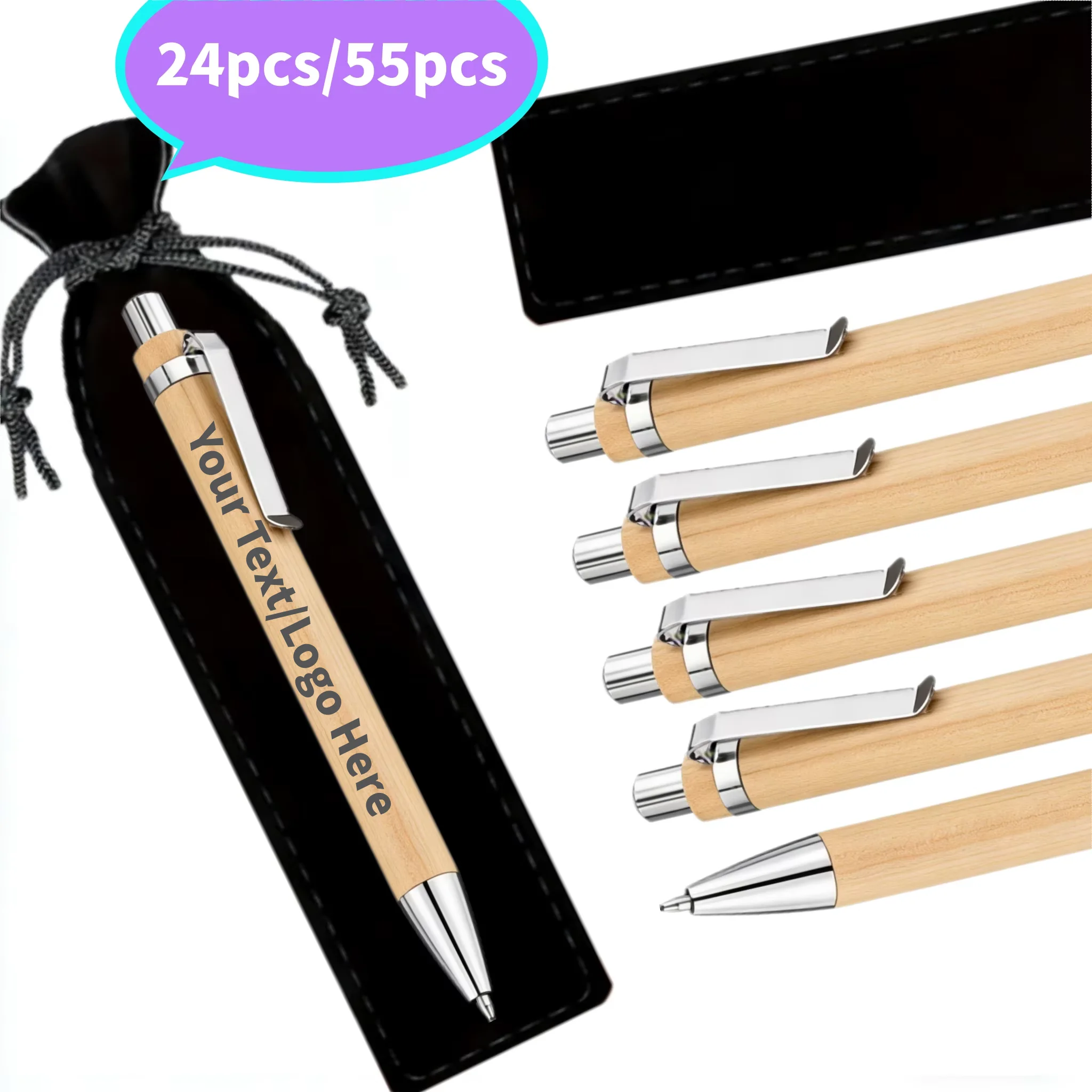 

24/55sets Customizable Bamboo Ballpoint Pens Personalized Wooden Round-tip Pens with Black Storage Bag High-end Exquisite Gift