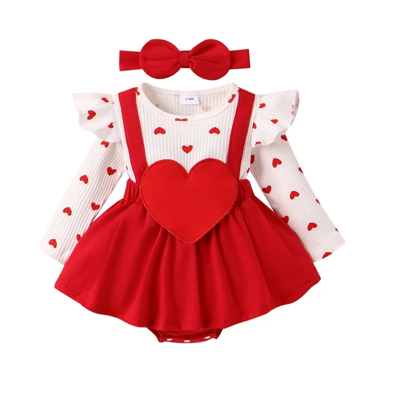 Baby Girls Valentine s Day Romper Dress Long Sleeve Ruffle Heart Letter Print Romper with Headband