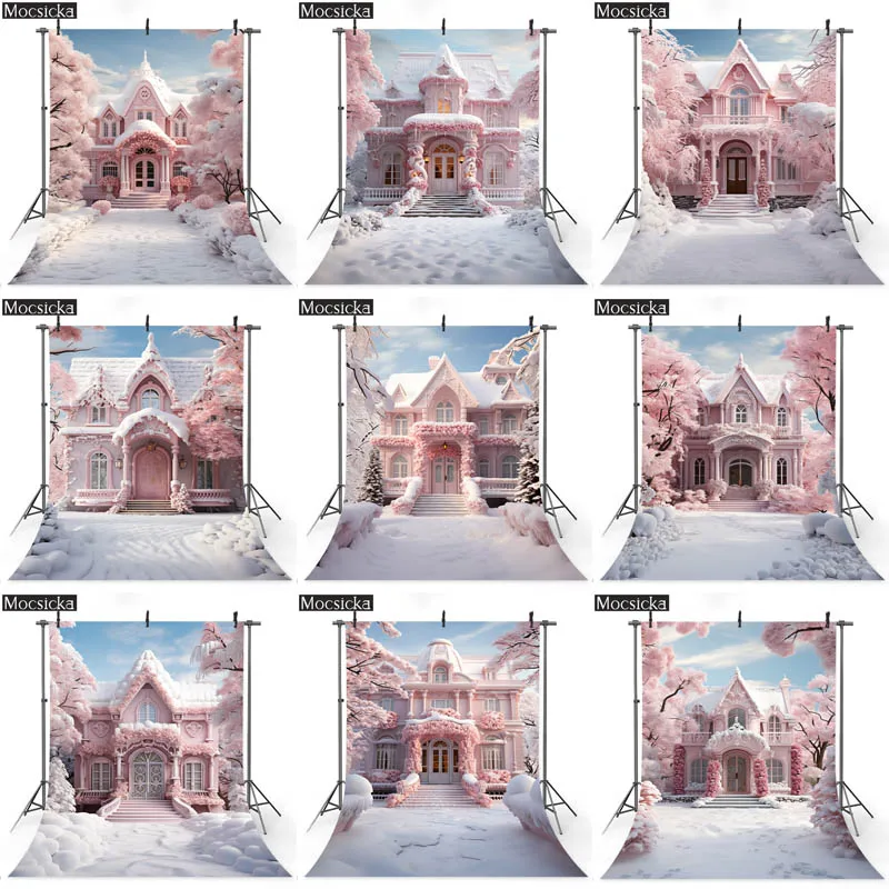 

Pink Christmas Cottage Photography Backdrops Professional Studio Props Snow Castle Girl Portrait Photo Backgrounds Photocall