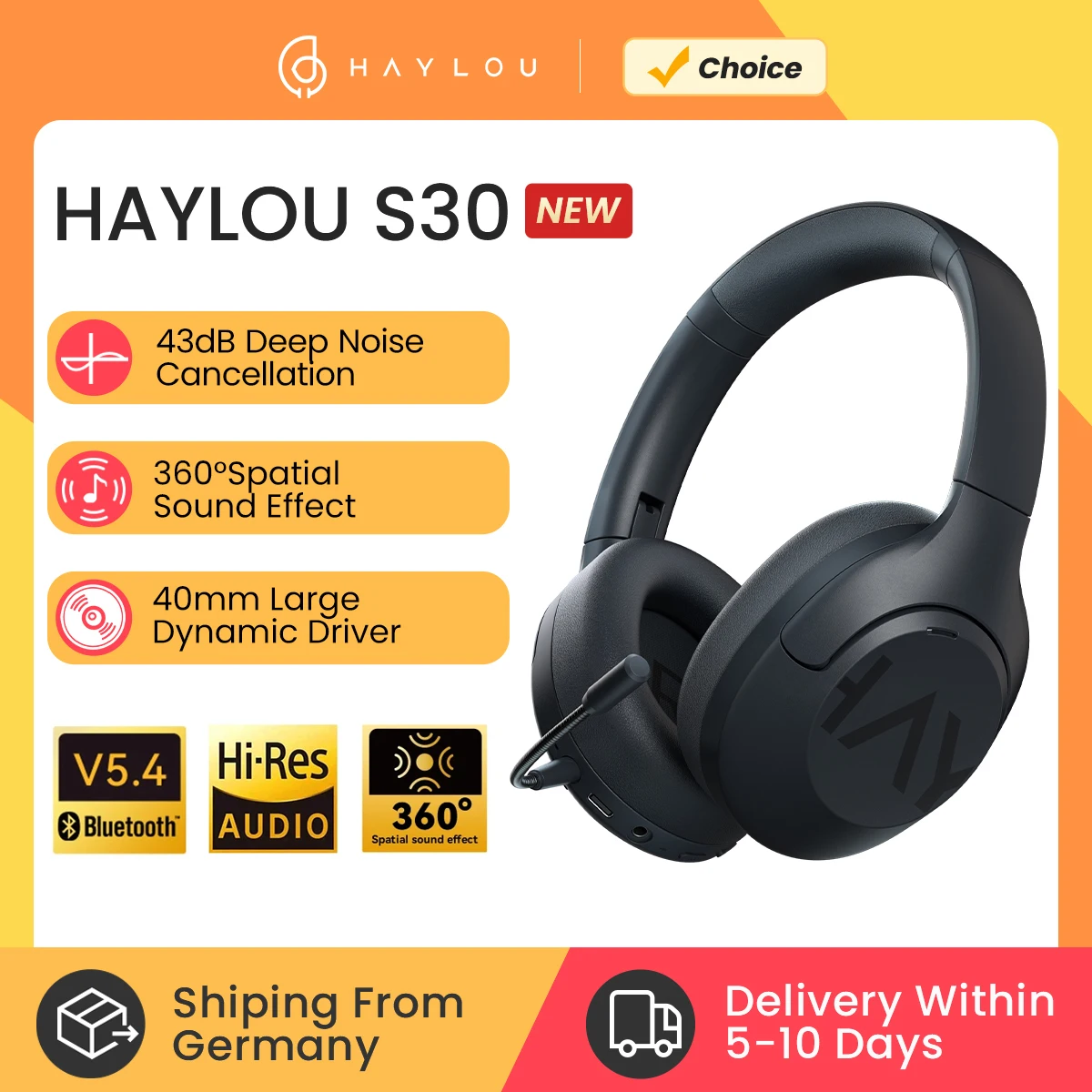 HAYLOU S30 casque sans fil Bluetooth 5.4 43dB casques antibruit adaptatifs 40mm pilote 80H temps de lecture écouteurs HAYLOU S30 casque sans fil Bluetooth 5.4 43dB casques antibruit adaptatifs 40mm pilote 80H temps de lecture écouteurs