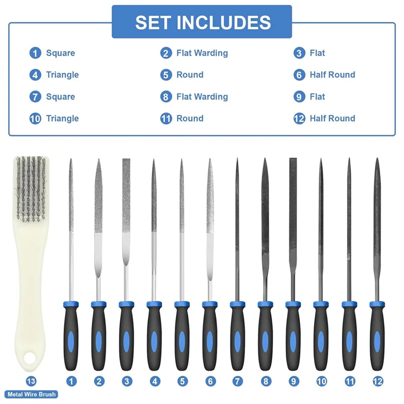 AA19 13-Piece Metal Needle File Set With 6 Diamond Files, 6 Steel Files,Cleaning Brush And Carrying Case For Wood,Plastic DIY