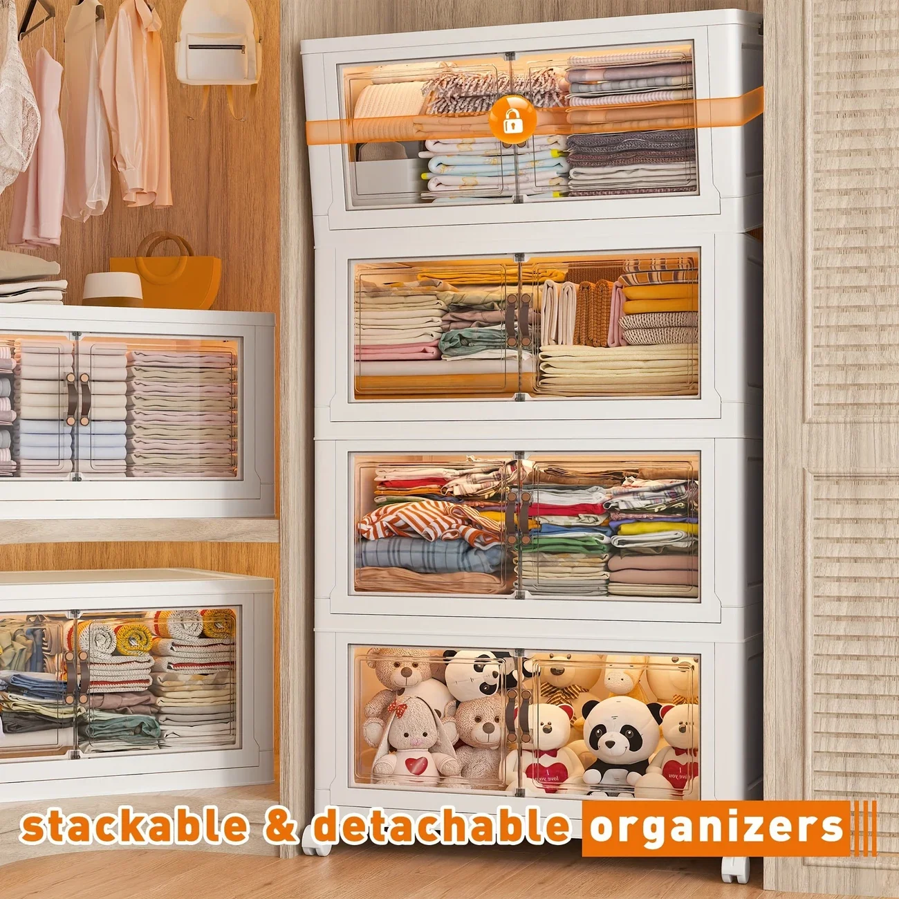 خزانة تخزين قابلة للطي مع 2/4 طبقات، صندوق تخزين كبير متعدد الوظائف بفتحة مزدوجة مع غطاء وعجلات، مناسب للملابس والألعاب والكتب، مثالي للمطبخ وغرفة النوم وغرفة اللعب والتخزين #3