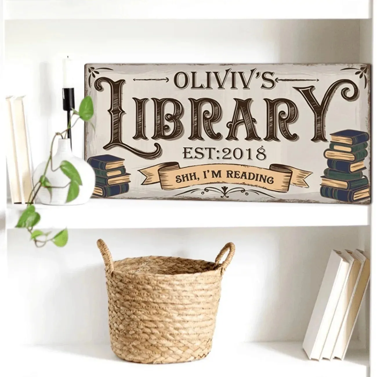 Custom Name Aluminum Library Sign Personalized Waterproof Home Office Wall Art Decor