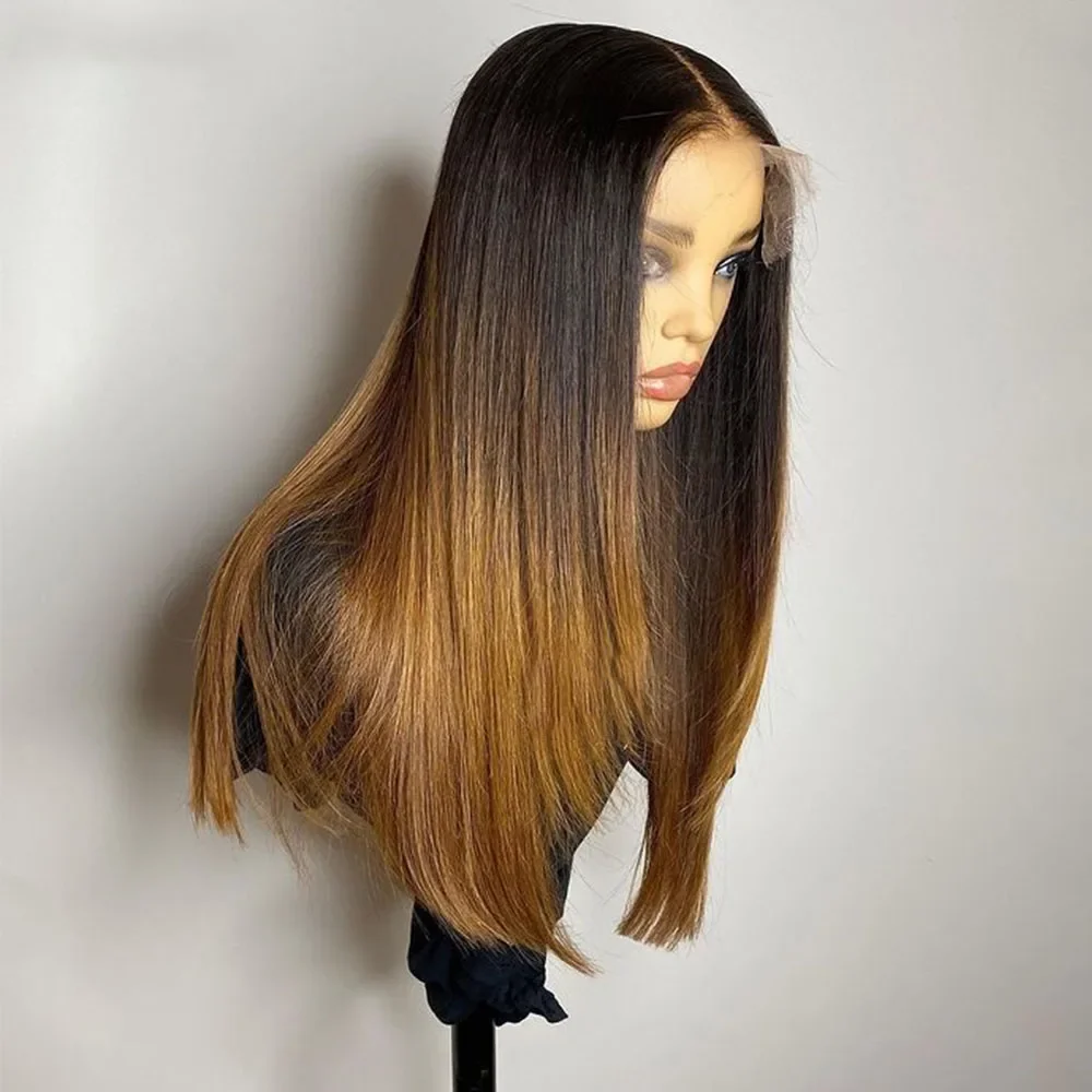 Wig Rambut Depan Lace 26 Inci, Ombre Pirang, Lurus Lembut, Kepadatan 180, untuk Wanita Kulit Hitam, dengan Baby Hair dan Hairline Alami, Sudah Preplucked