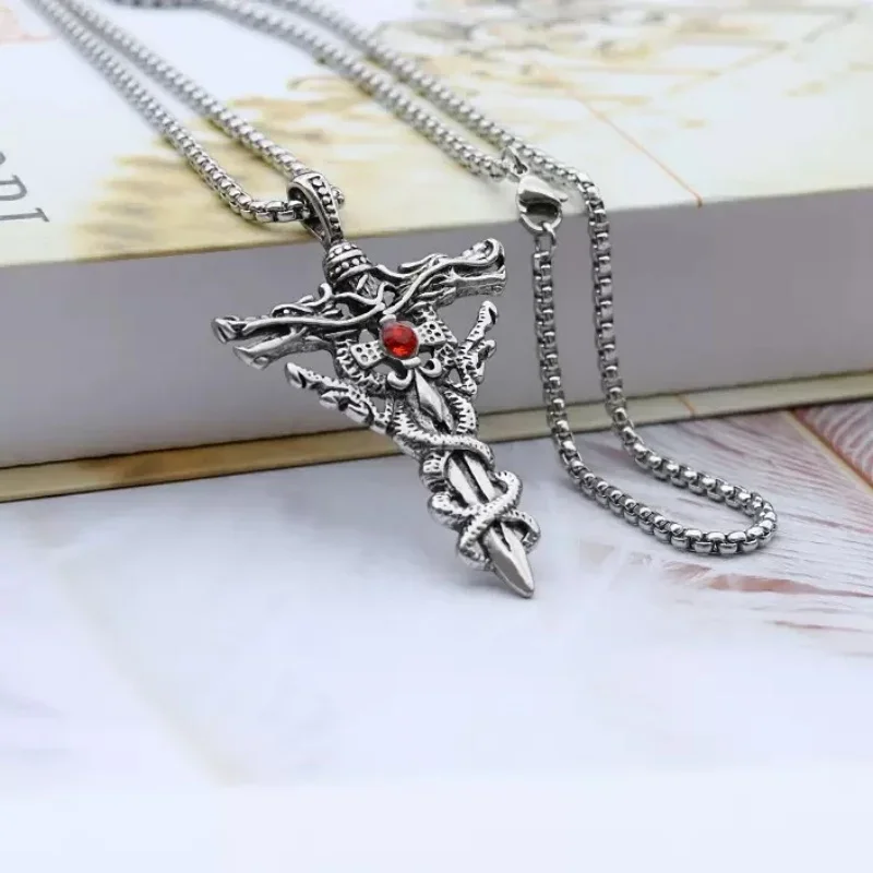 Punk Fashion Titanium Steel Necklace for Men Alloy Double Dragon Sword Pendant Choker Ring Vintage Evil Eye Cross Jewelry Gift