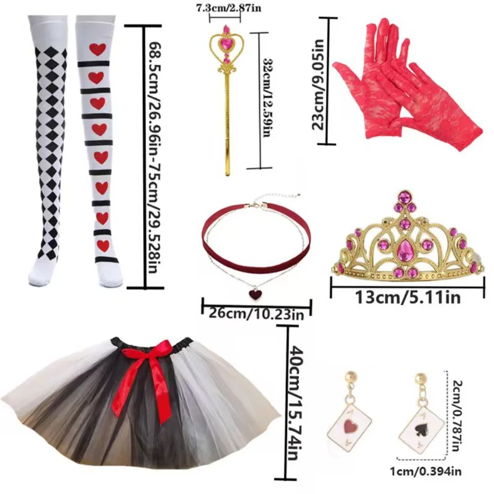 PESENAR Halloween reine Costume accessoires pour femme coeur jupe gants couronne sceptre boucles d'oreilles chaussettes hautes tour de cou pour Cosplay