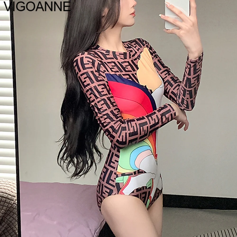 VigoAnne Print Long Sleeve Swimwear Women 2024 Sexy O Neck Push Up One Piece Swimsuit Korean Slimfit Monokini Beach Bathing Suit