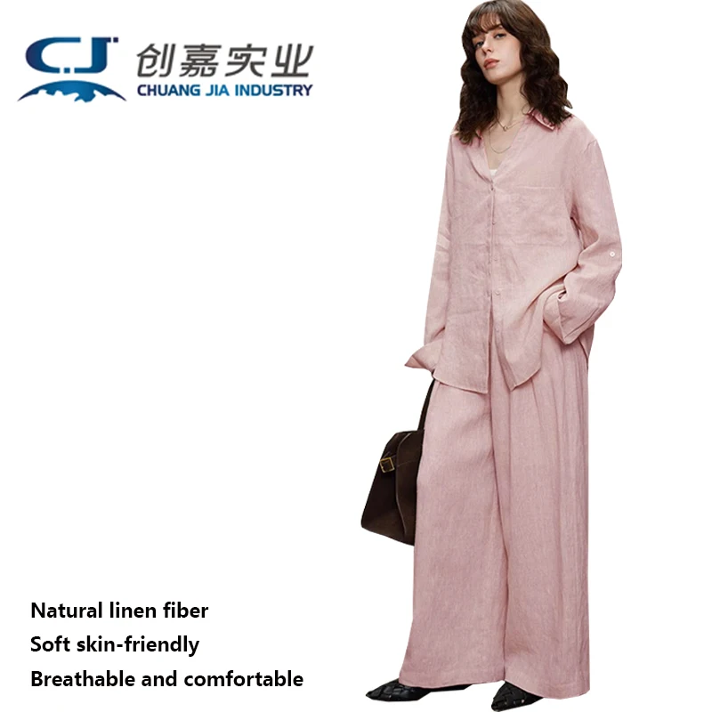 

Высококачественный льняной женский костюм, розовая рубашка с длинными рукавами, широкие брюки, уличная повседневная защита от солнца, свободная простая темпераментная одежда