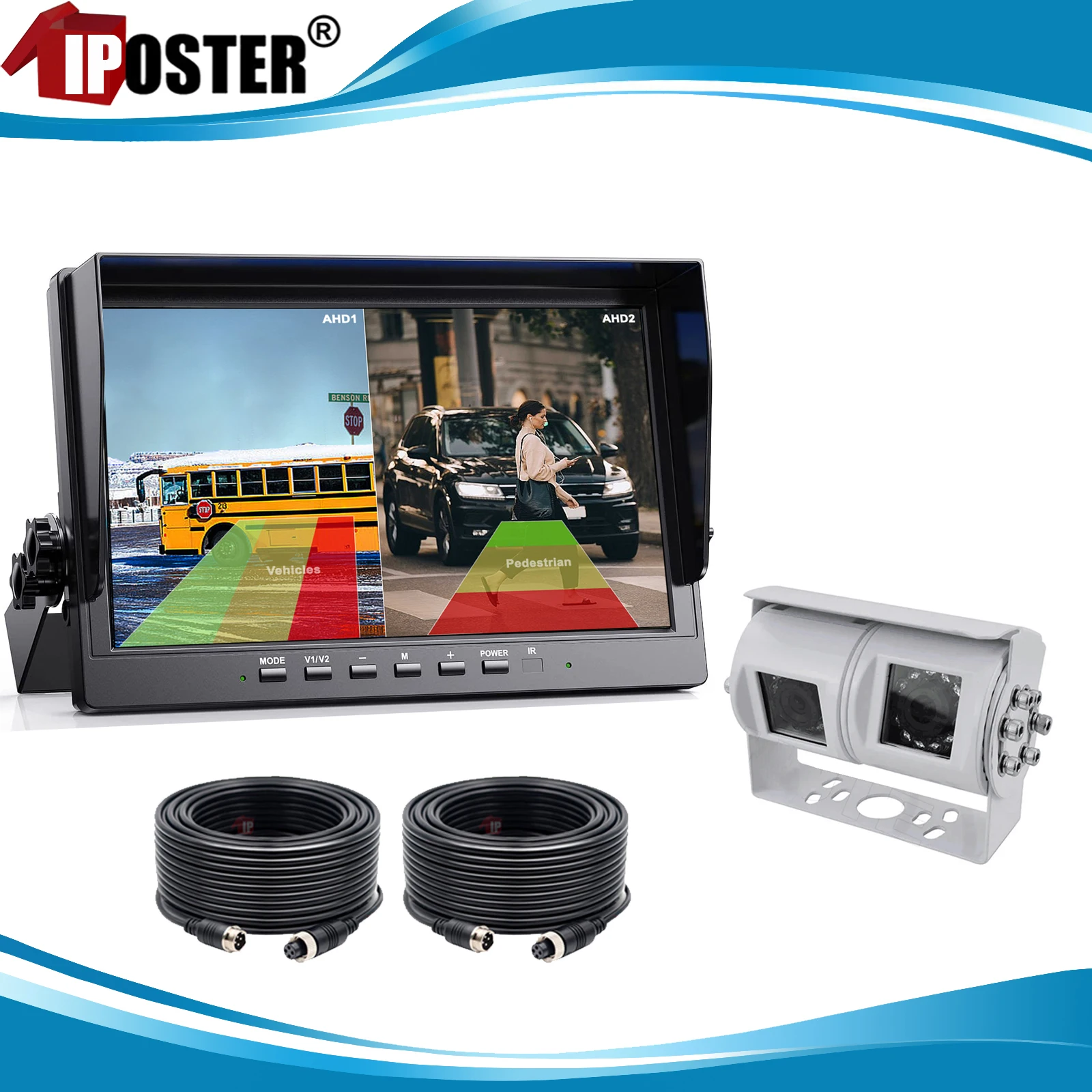 

iPoster 10.1 Inch IPS Screen BSD DVR Monitor Split 2 Screen White / Black Joint Dual Head Rear View Cameras For Truck Trailer