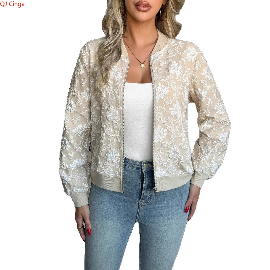 

Женская бежевая куртка с длинными рукавами, укороченное повседневное пальто с бейсбольным воротником, топ из жаккардовой ткани.