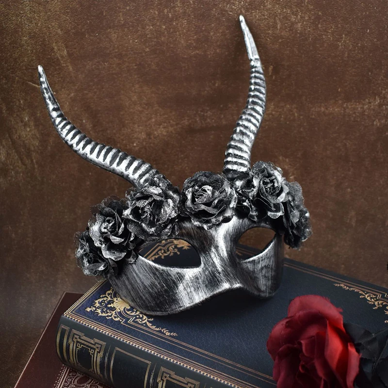 Halloween Dark Demon Ram Horn Mask Vintage Gold Flower Ox Horn Half Mask Masquerade Bull King Cosplay Carnival Costume Accessory