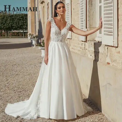 HAMMAH Vintage Cap Sleeves Wedding Dress Lace Appliques Backless A-line V-neck Chapel Train Vestidos De Novia Customized