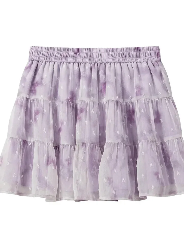 

Элегантная женская юбка А-силуэта с цветочным принтом, фиолетовая, с завышенной талией, многоярусная, повседневная, летняя, в корейском стиле, универсальная