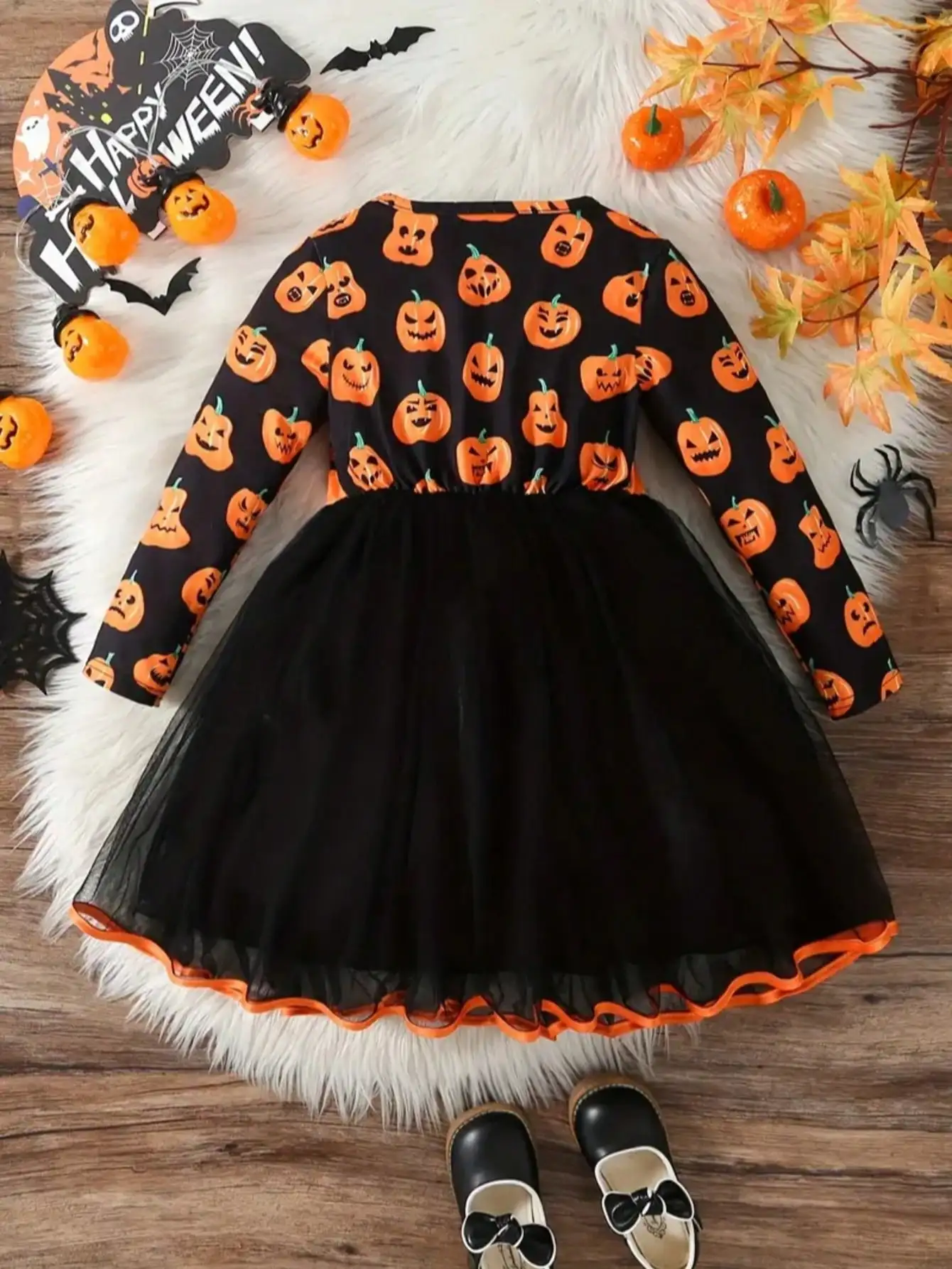 Children's Halloween Pumpkin Ghost Pattern Long Sleeve Bow Tie Mesh Dress Medium Long Skirt round Neck Design