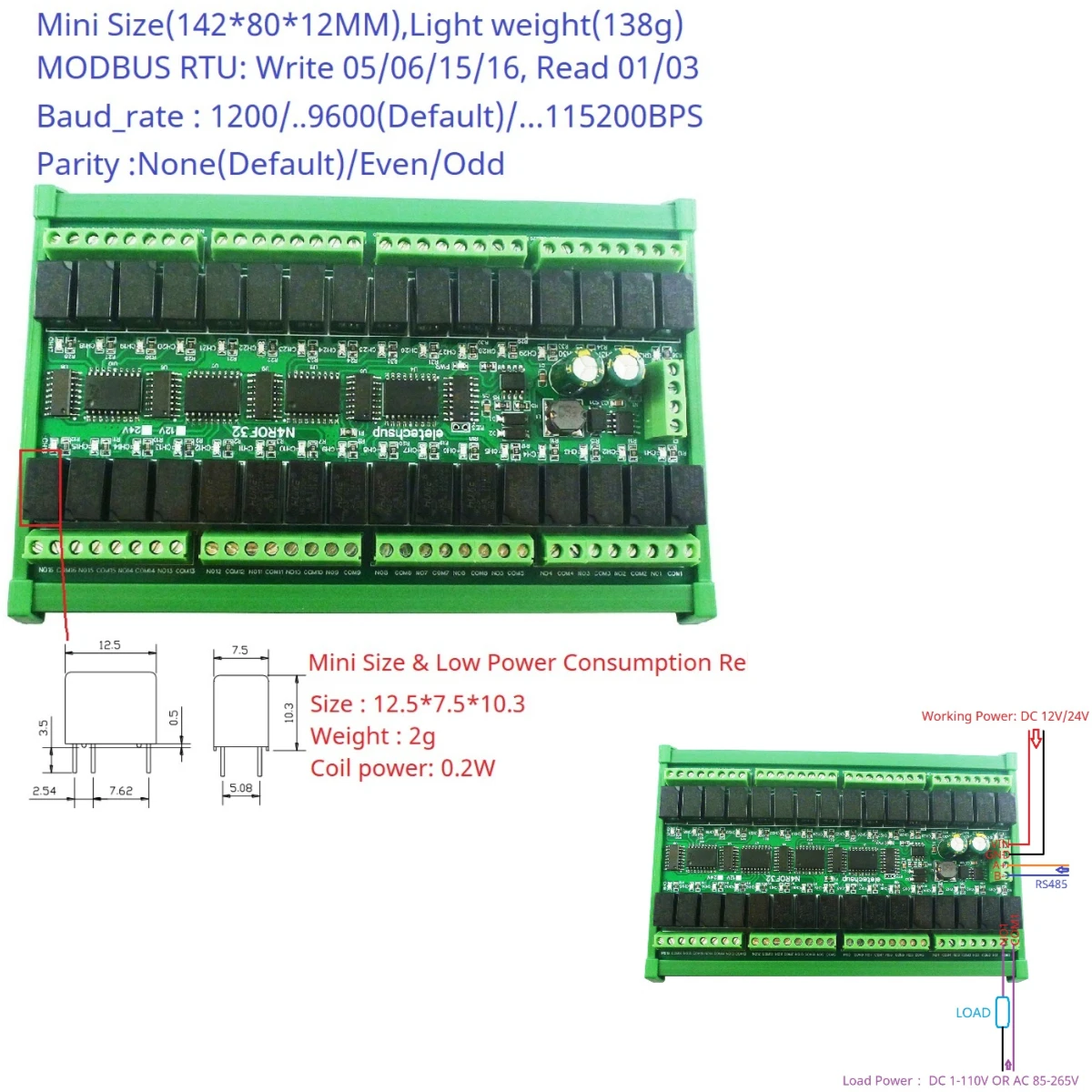 

DC 12V 24V Mini Size 32CH RS485 Relay Modbus Rtu PLC IO Expansion Module 2A Low Power Intermediate Relay Output Board DIN Rail