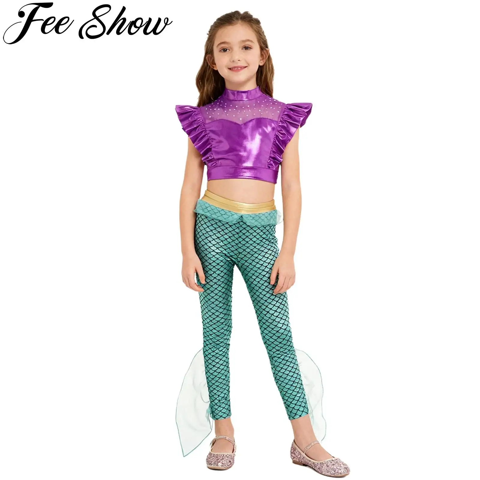 

Girls Mermaid Cosplay Costume Metallic Crop Tank Tops with Fish Scales Print Flared Pants Halloween Carnival Theme Party Outfits