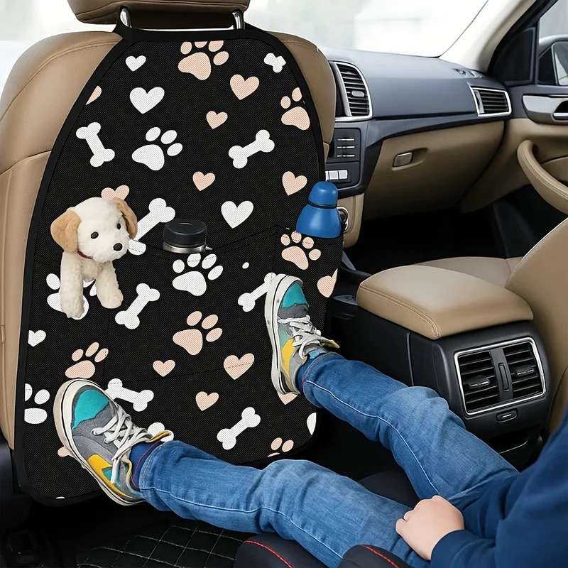 Car Seat Back Covers With Storage Pockets, Dog Paw Prints, Bones and Hearts, Cute Pet Themed For Pet Lovers