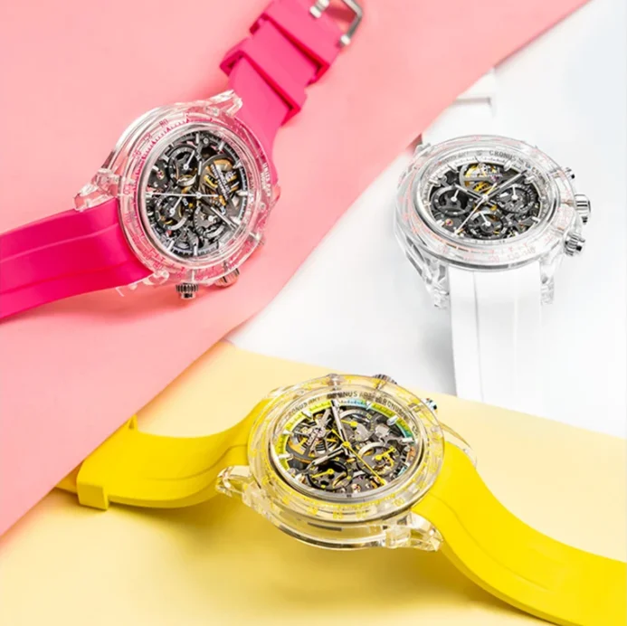 CRONUSART Men Chronograph Watch 40mm Automatic Mechanical Wristwatch K9 Crystal Case Luminous Fluororubber Strap Skeleton Dial