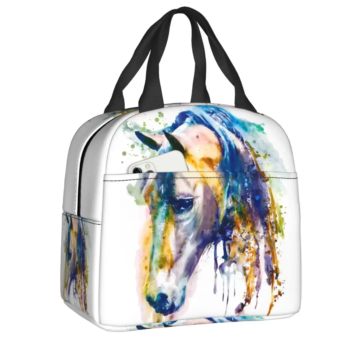 Horse Head Watercolor Insulated Lunch Bags for School Animal Abstract Art Leakproof Cooler Thermal Bento Box Women Children