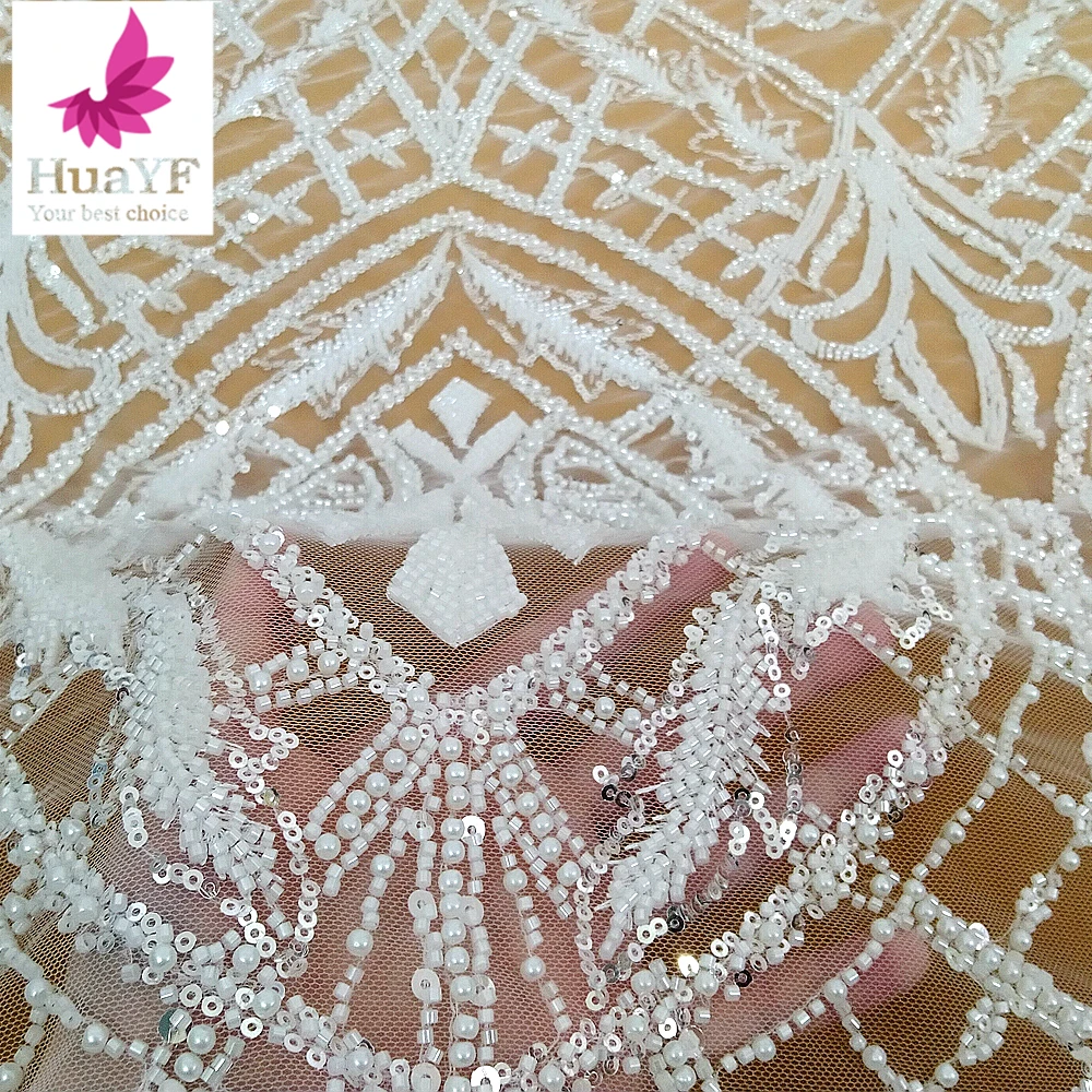 

New Off White French 3D Beaded Lace Pearl Shiny Sequins European Palace Style Wedding Dress Fabric 5 Yards HY3189