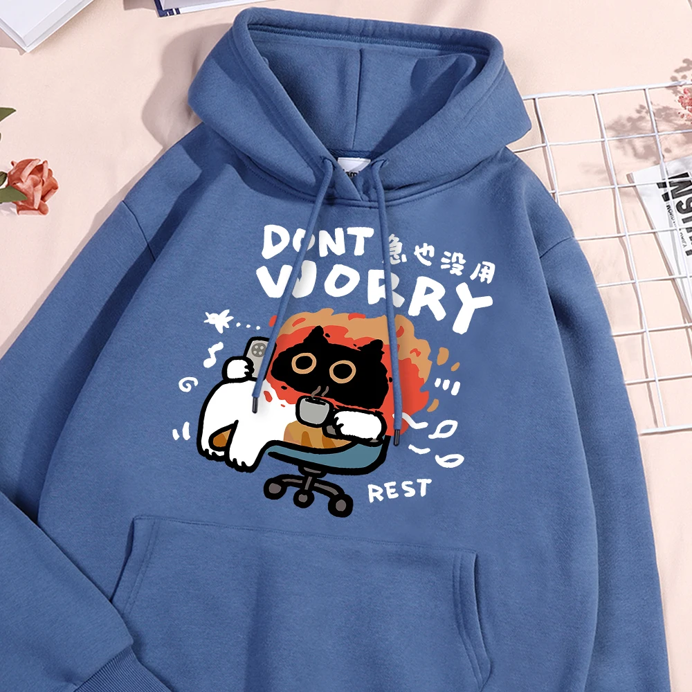 Dont Worry Fun Cat Hoodies Men Women Fashion Harajuku Style Hoody Loose Fleece Clothing Oversize Pullover Sweatshirt Couple