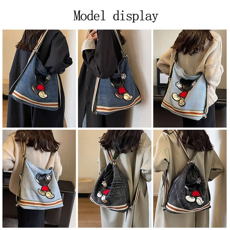 Disney Embroidery Back Shadow Mickey Women\'s Bag Fashion Lady Shoulder Bag Large Capacity Multifunctional Denim Canvas Handbag