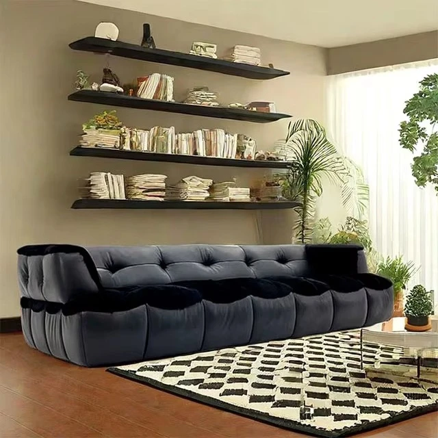 Italian high-end modern fur furniture light luxury interior living room set with velvet and wooden hall