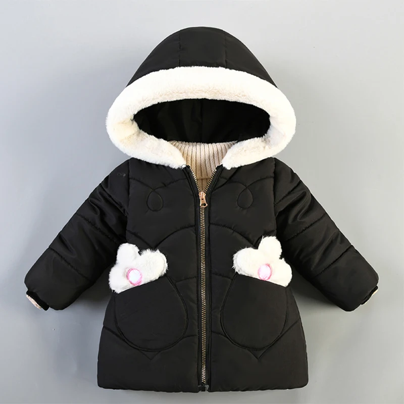 Winter Plus Velvet Warm Baby Girls Jacket Cute Christmas Princess Coat Hooded Zipper Children's Outerwear Birthday Party Present