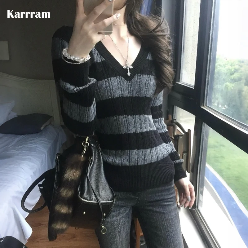 Karrram Japanese Y2k V-neck Striped Sweater Vintage Harajuku Knit Slim Pullovers Korean Style Fall Knitwear American Retro 90s