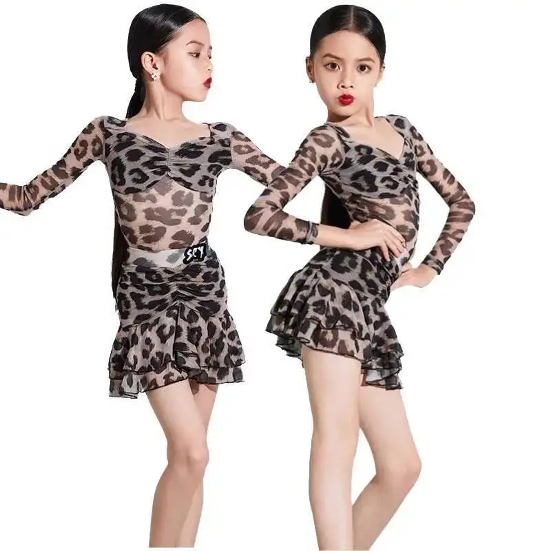 

latin leopard print top skirt dress ballroom american dance rumba cha cha samba tango costume competition practice kids girls