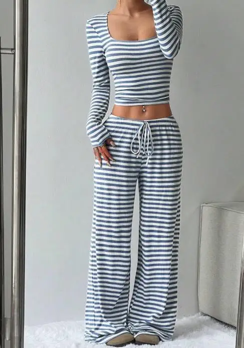 

2025 Autumn/Winter New Women's Striped Collar Long Sleeve Top with Drawstring Wide Leg Pants Set Women's Clothing