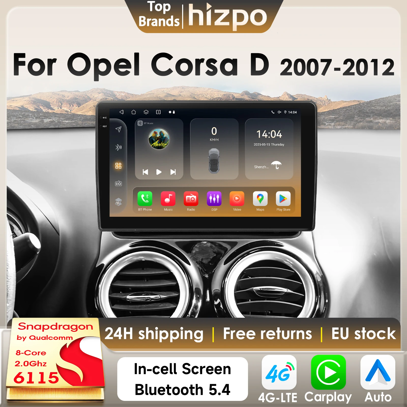 Hizpo 2Din Android 14 Auto-Multimedia-Player für Opel Corsa D 2007–2012 Schrägheck Van AI Carplay 4G 360 Kamera von Snapdragon6115