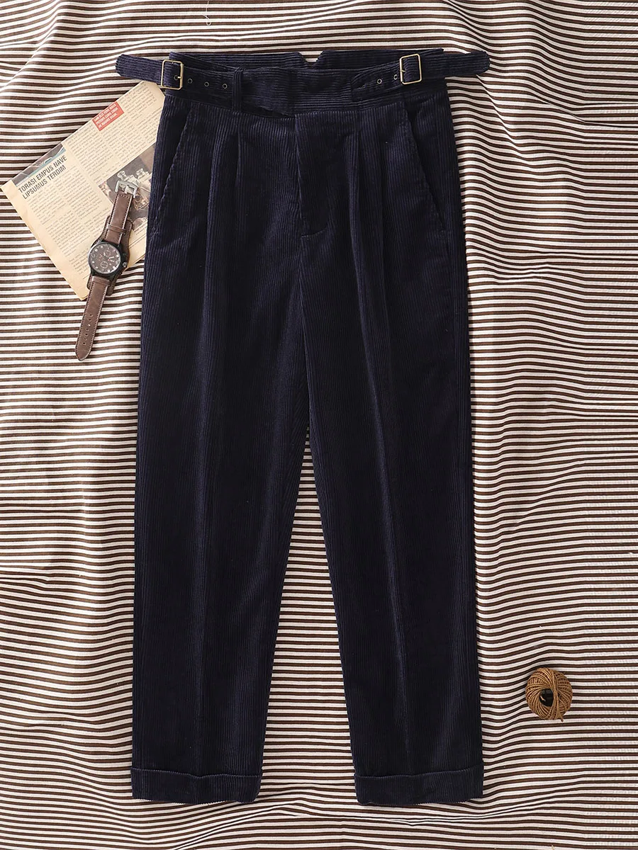 Upgraded Classic Gurkha Relaxed Straight-Leg Casual Pants 100% Cotton Corduroy Double-Pleated Adjustable Waistband