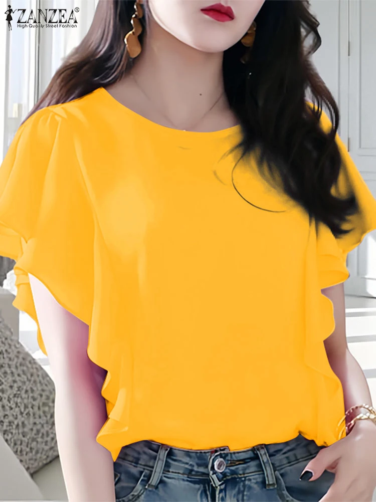 

ZANZEA Woman Casual Blusas Mujer Day Wear Elegant O-Neck Korean Fashion Tops Solid Color Ruffle Sleeve 2025 Summer Blouses