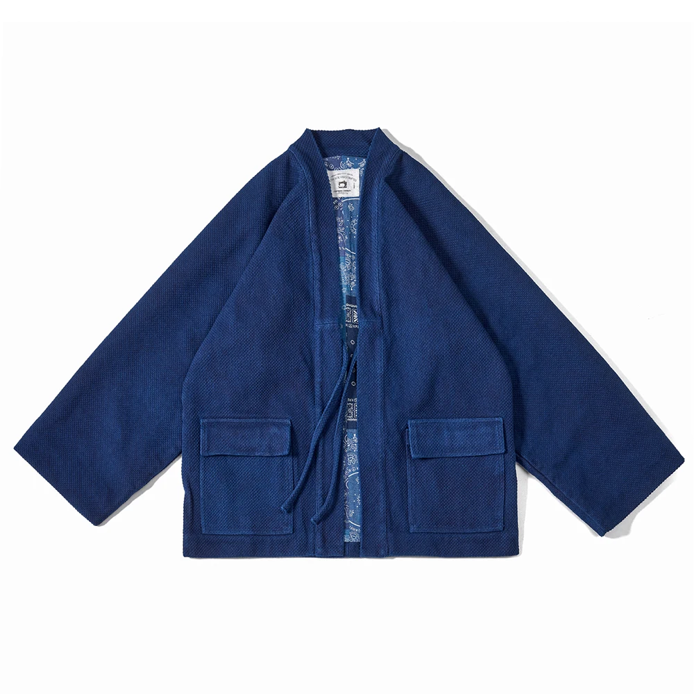 Japanische Vintage schwere Kendo Indigo Robe Männer Frühling Herbst Baumwolle Multi-Pocket Raglan Ärmel Jacke lässig Cardigan Mantel