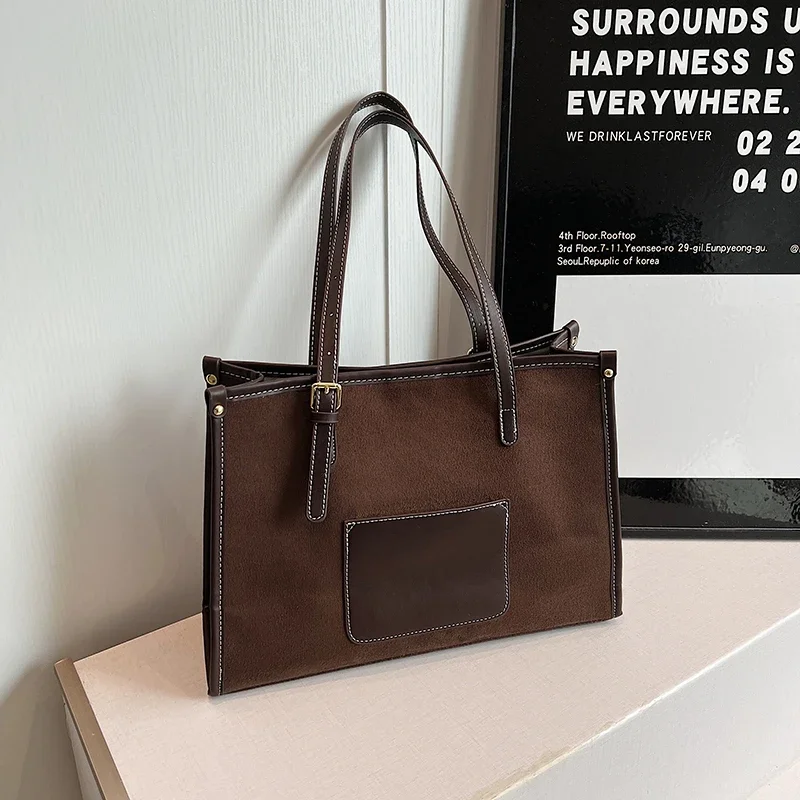 Faux Suede Shoulder Bags Solid Hasp Large Capacity Simple Versatile Commute Classic Style Tote Bags for Women 2025 Hot Sale