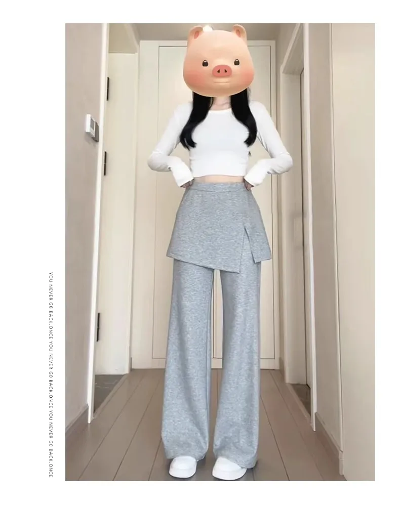 Retro Fake Two Pieces Spliced Side-slit Grey Sport Pants Women Spring Summer Solid Color High-waist Casual Elsdtic Flare Pants