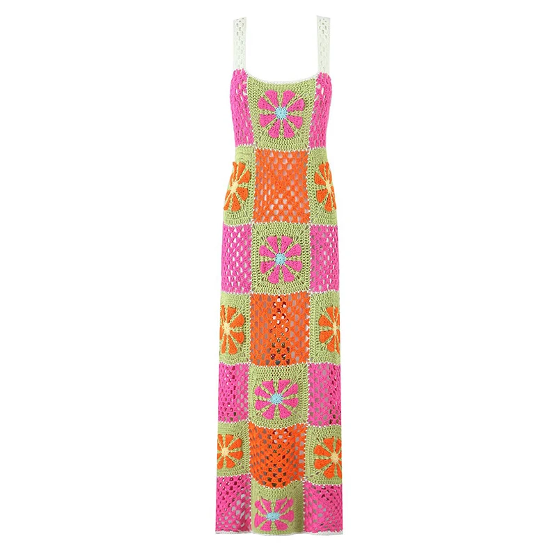 

Ethnic Boho Handmade Knitted Plaid Sexy Sling Dress Women O Neck Slit Hem Beach Holiday Summer Dresses Midi Robe