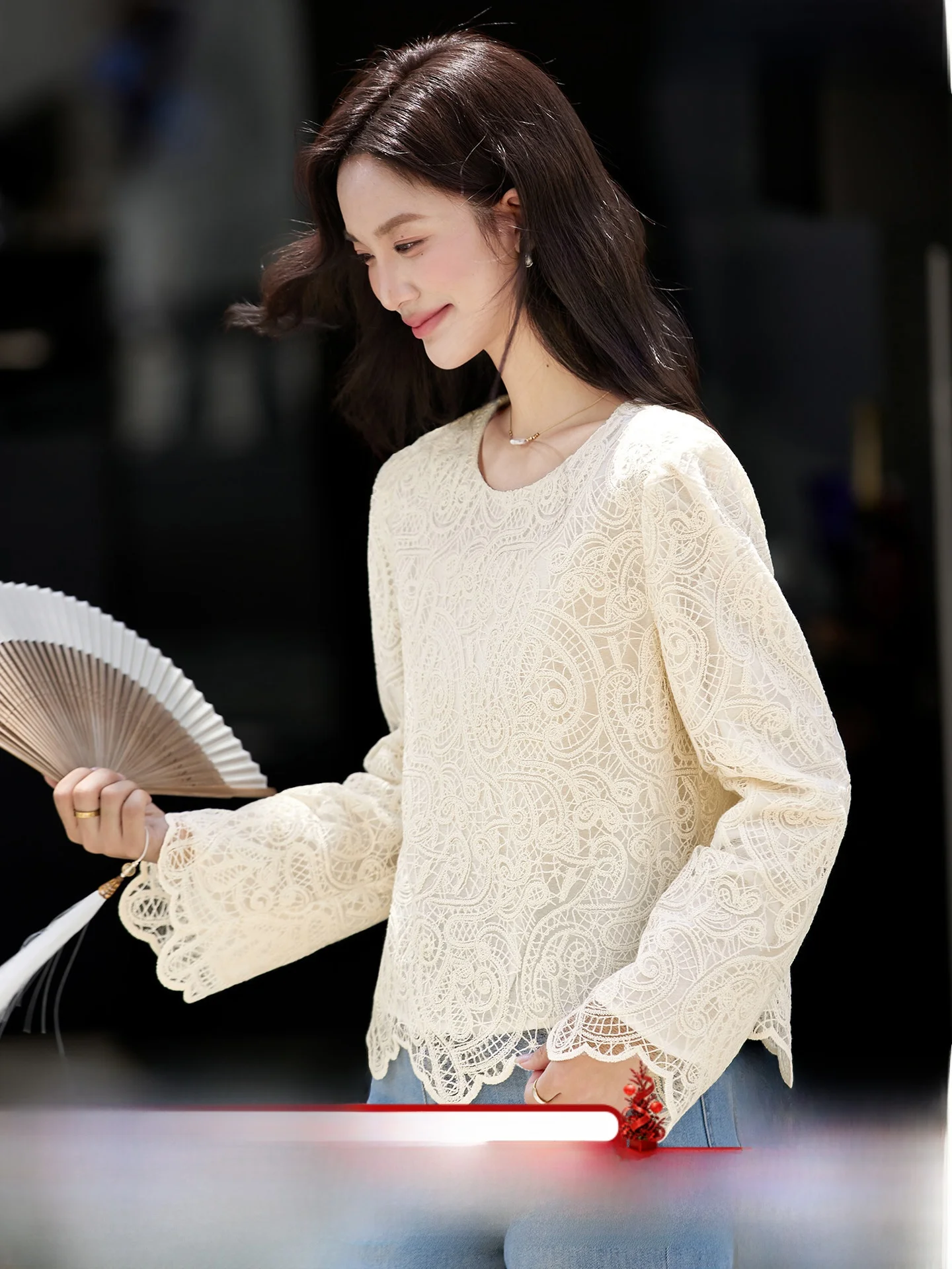 

Женская футболка Ele ort Lace Hook Flower с круглым вырезом, прямого кроя, из дышащей нейлоновой ткани, с длинными рукавами, для повседневной носки