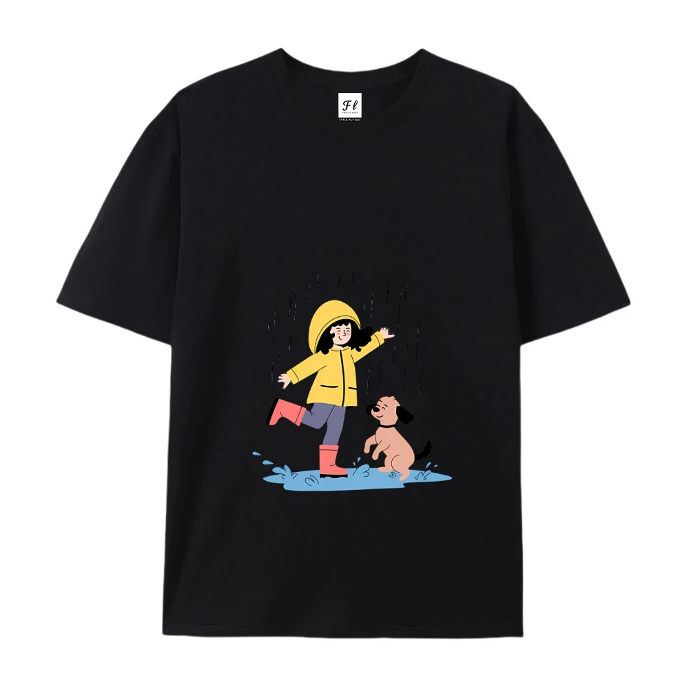 Moda vestuário casual manga curta camiseta com desenhos animados dia chuvoso menina cão impressão conforto ajuste diário casual wear t
