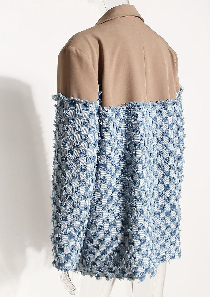 시크 여성용 봄 긴팔 데님 재킷, 스플라이싱 플래드 워싱, 오래된 디자인 컬러 블록킹 여성 코트