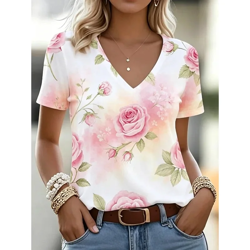 V-neck T-shirt with a watercolor tulip print for women, casual short-sleeved tops, fresh floral daily wear.
