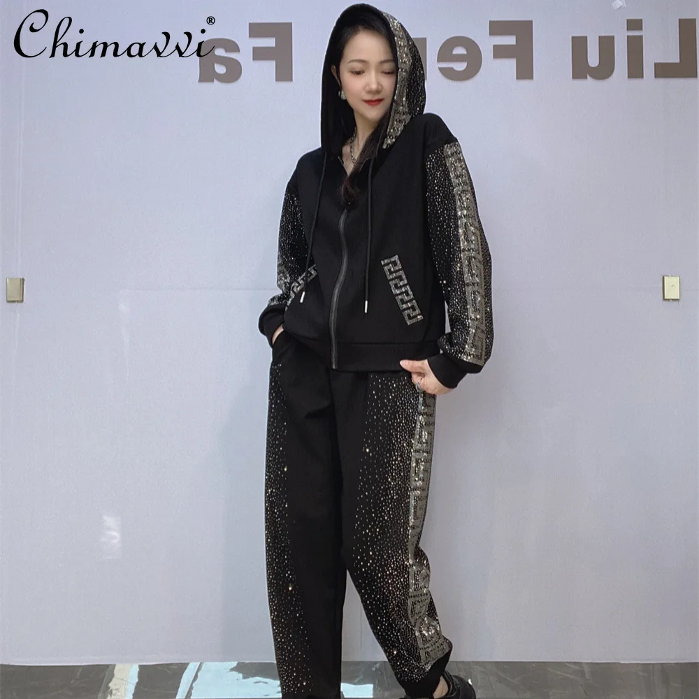 

Autumn New Fashion Sports Suit Women's Zipper Cardigan Jacket Hooded Hot Diamond Sweatshirt Trousers Casual Wear Two-piece Set