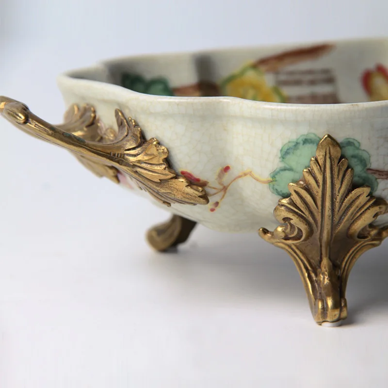 ديكور منزلي من السيراميك مستطيل من النحاس الذهبي، صينية فواكه مجففة، طبق زخرفي فاخر، مقبض معدني حديث