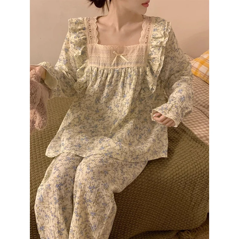 Floral Sleepwear Lace Women Pajamas Set Autumn Piiama Korean Long Sleeve Sets 2 Pieces Night Wears Square Collar Home Wear New