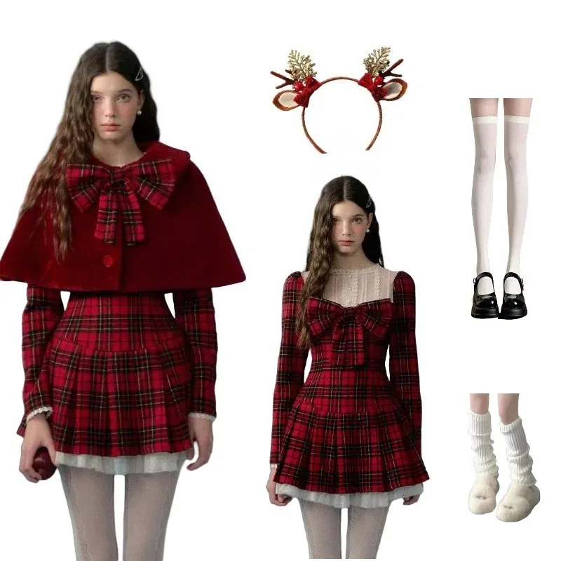 

Christmas Red Dress Cloak Cosplay Costume Cute Fashion Holiday Clothes Role Play Outfit Full Set for Women Xmas Theme Party