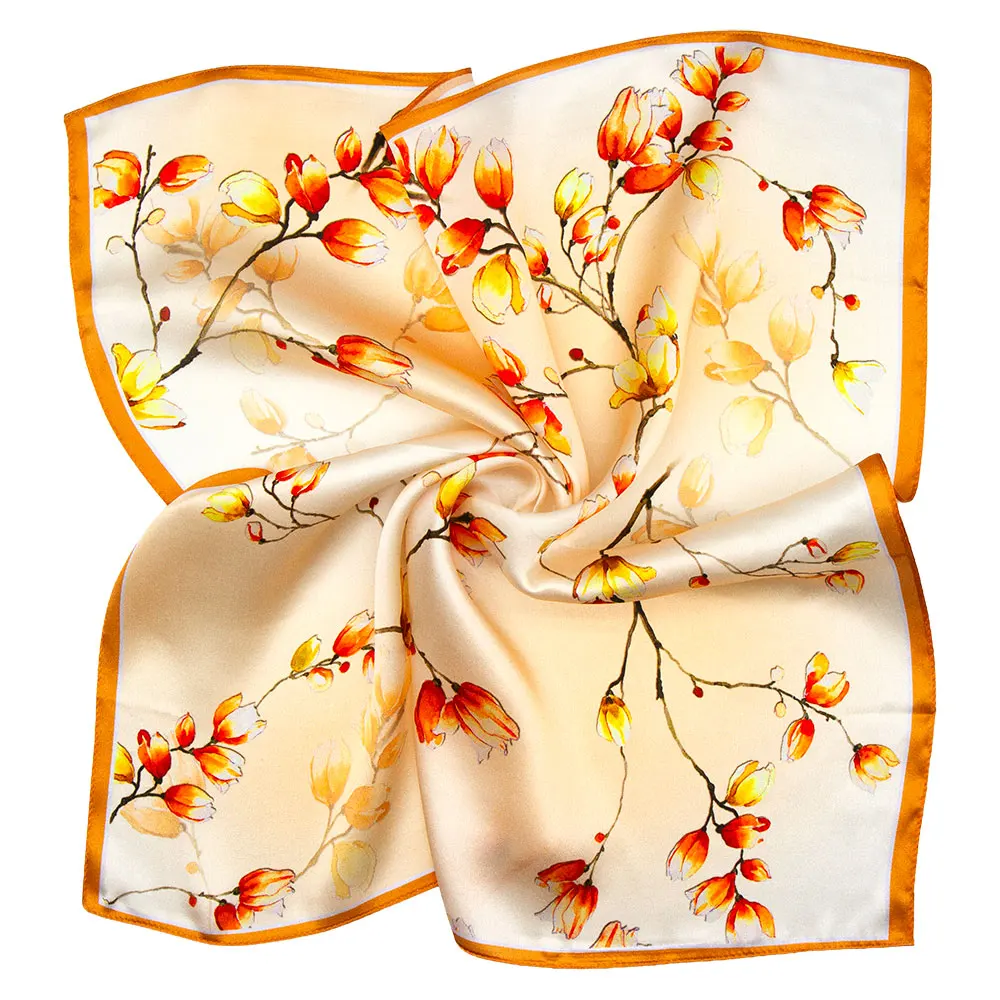 53cm Pure Silk Scarf Luxury Floral Square Bandana Orange Yellow Print Necktie Foulard Hair Head Neckerchief Small Wrap Accessory