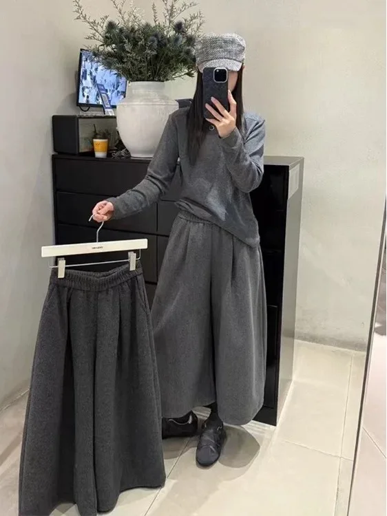 ay الصوفية السراويل واسعة الساق المرأة عالية الخصر مستقيم قطع فضفاضة تناسب عارضة الخريف الشتاء Faion زائد حجم السراويل